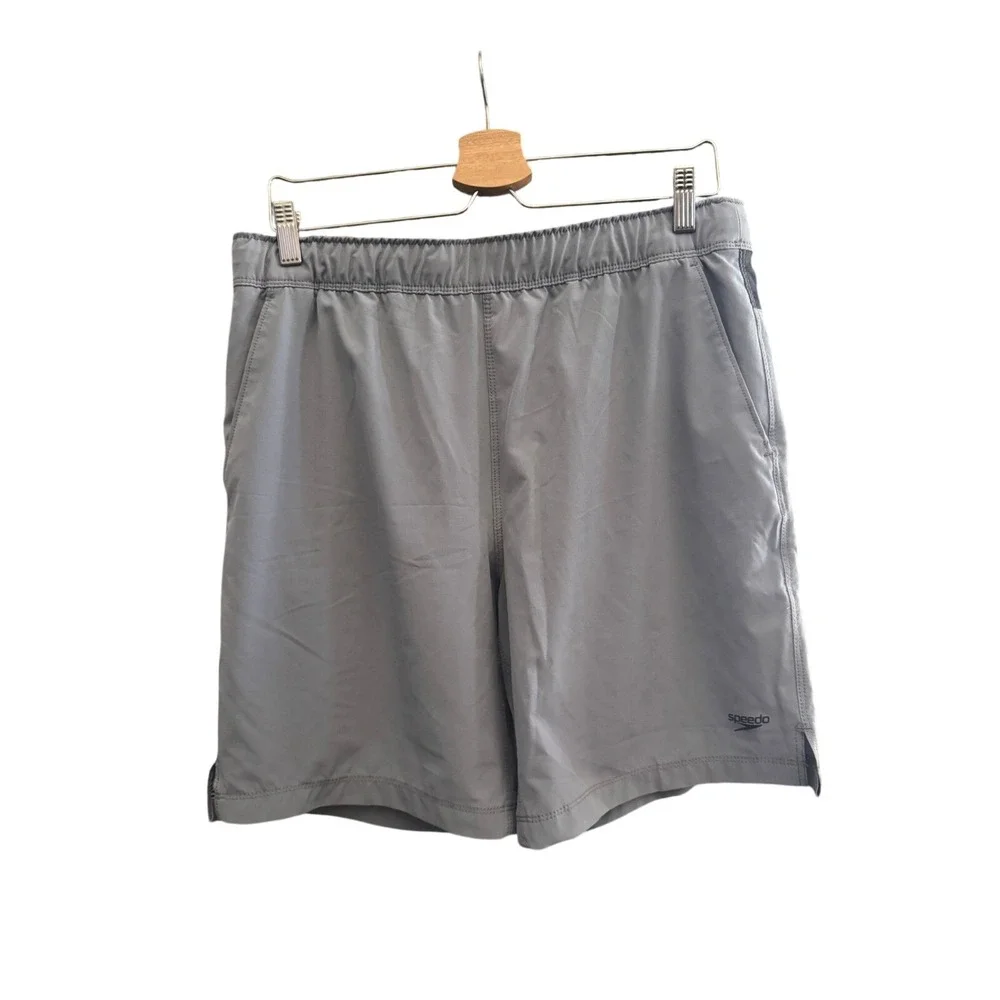 Speedo Mens Swim Trunks Gray Elastic Waist Zip Pocket Board Shorts Size Medium‎